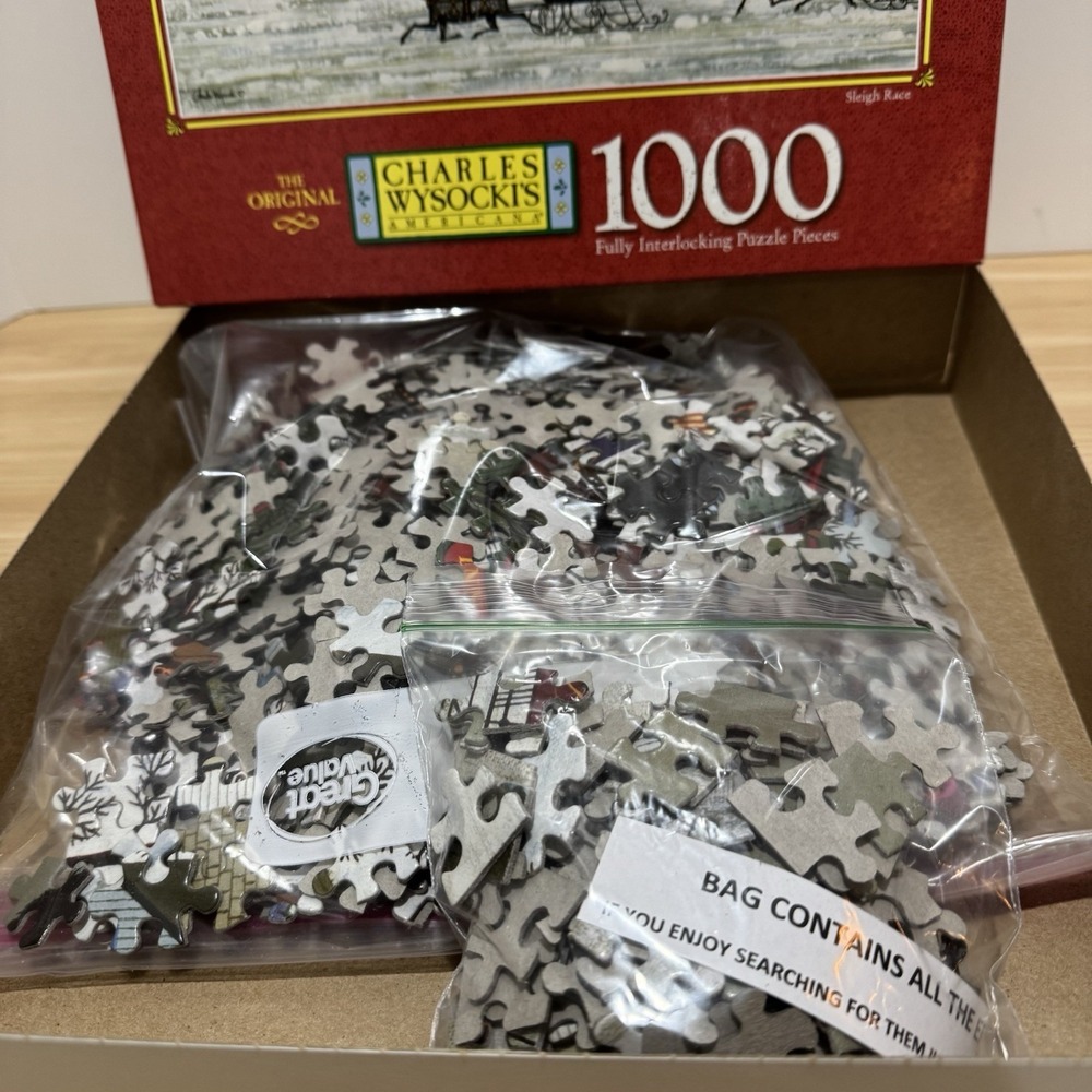 VTG Charles Wysocki 1000 Piece Puzzle SLEIGH RACE Americana Hasbro MB Complete - Picture 6 of 13